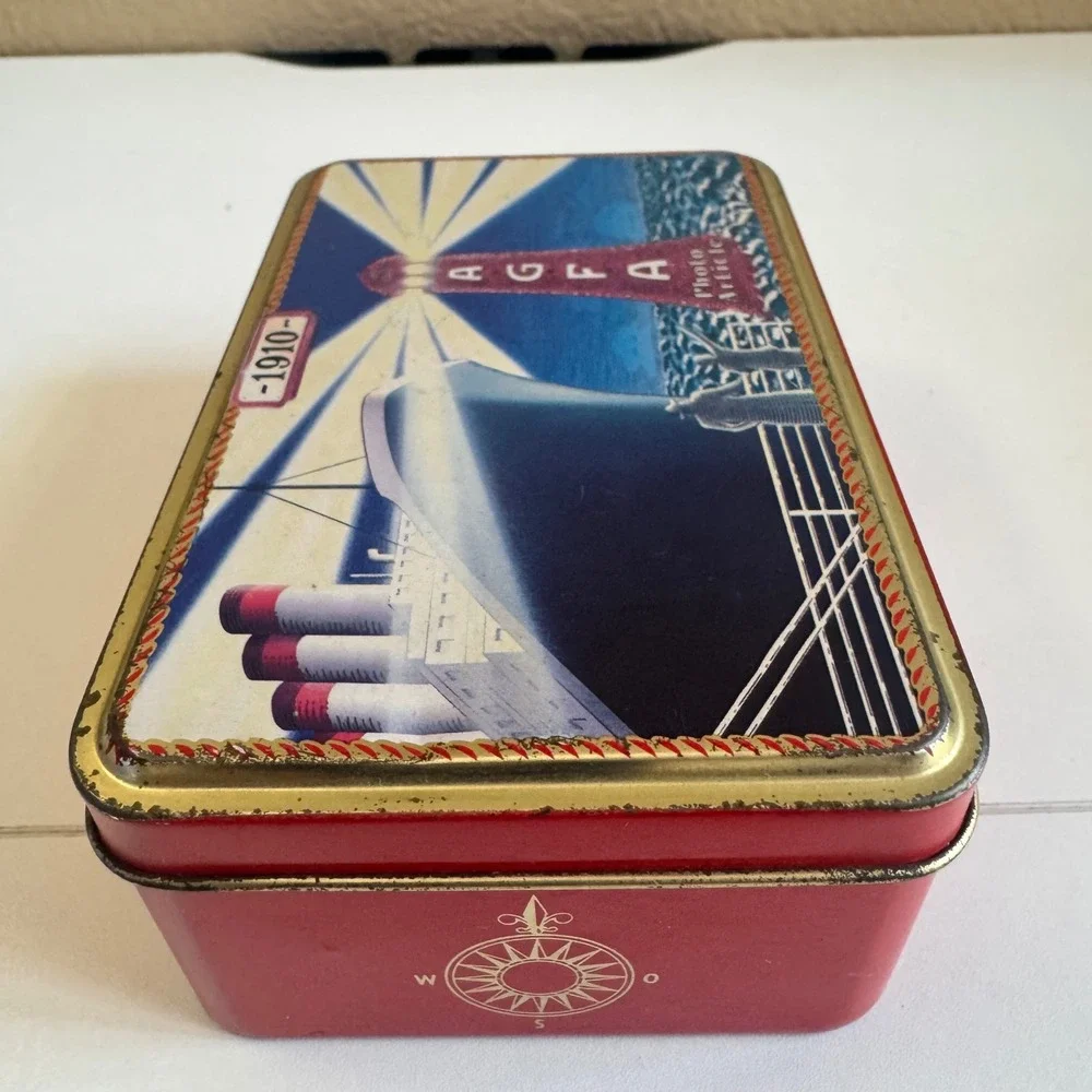 Agfa Photo Article 1910 Steamship Lighthouse Vintage Style Red Metal Tin Box